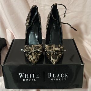 White House Black Market Animal Print Heels with removable bow and ankle strap